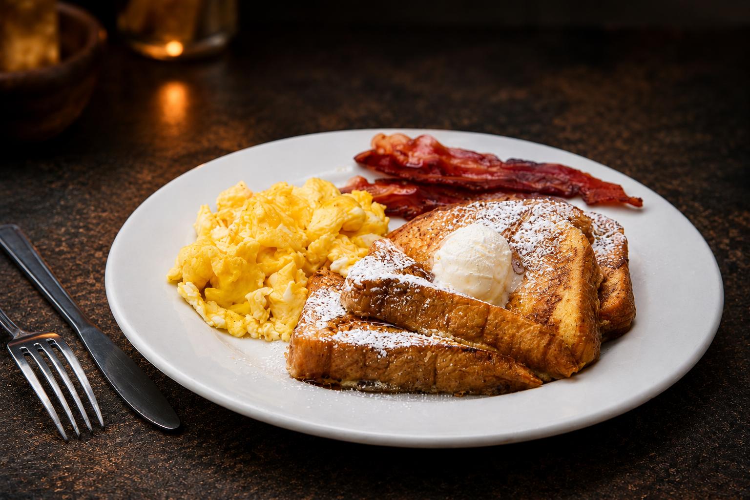 Breakfast plate with eggs, bacon, potatoes, and pancakes
