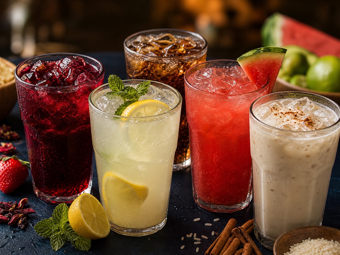 Refreshing drinks served cold with ice and citrus