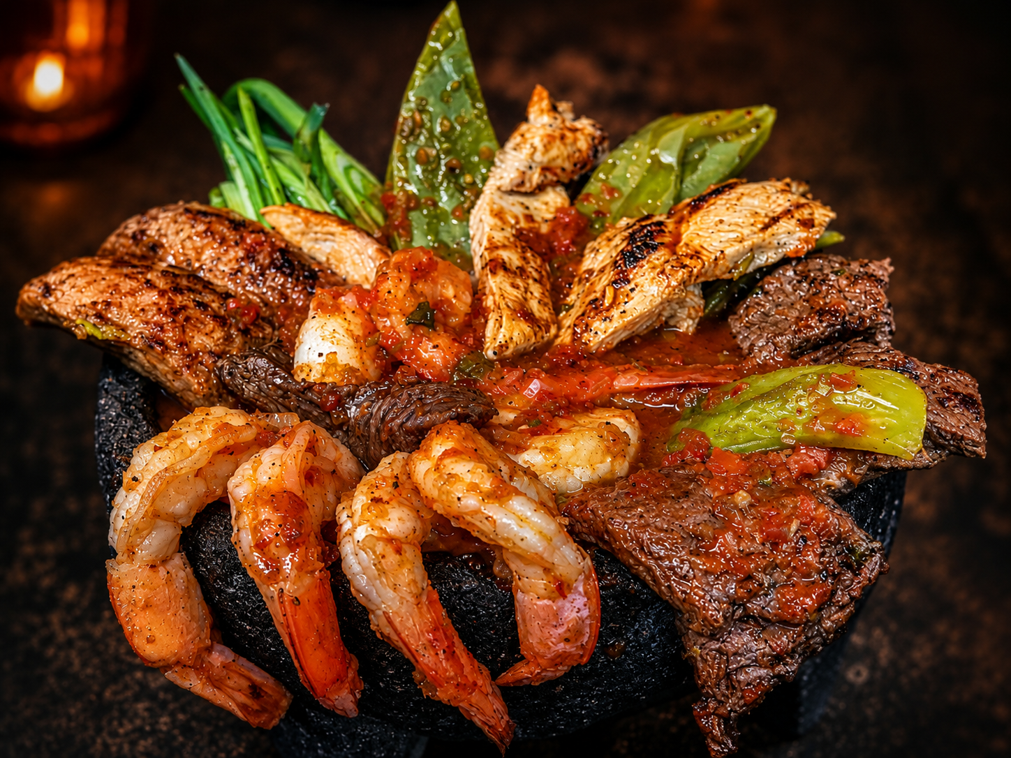 Traditional molcajete served hot with grilled favorites
